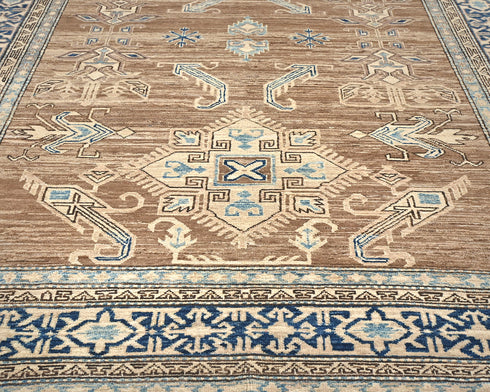 6x9 Ft Kazak Brown Blue Afghan Hand Knotted Geometric Wool Area Rug